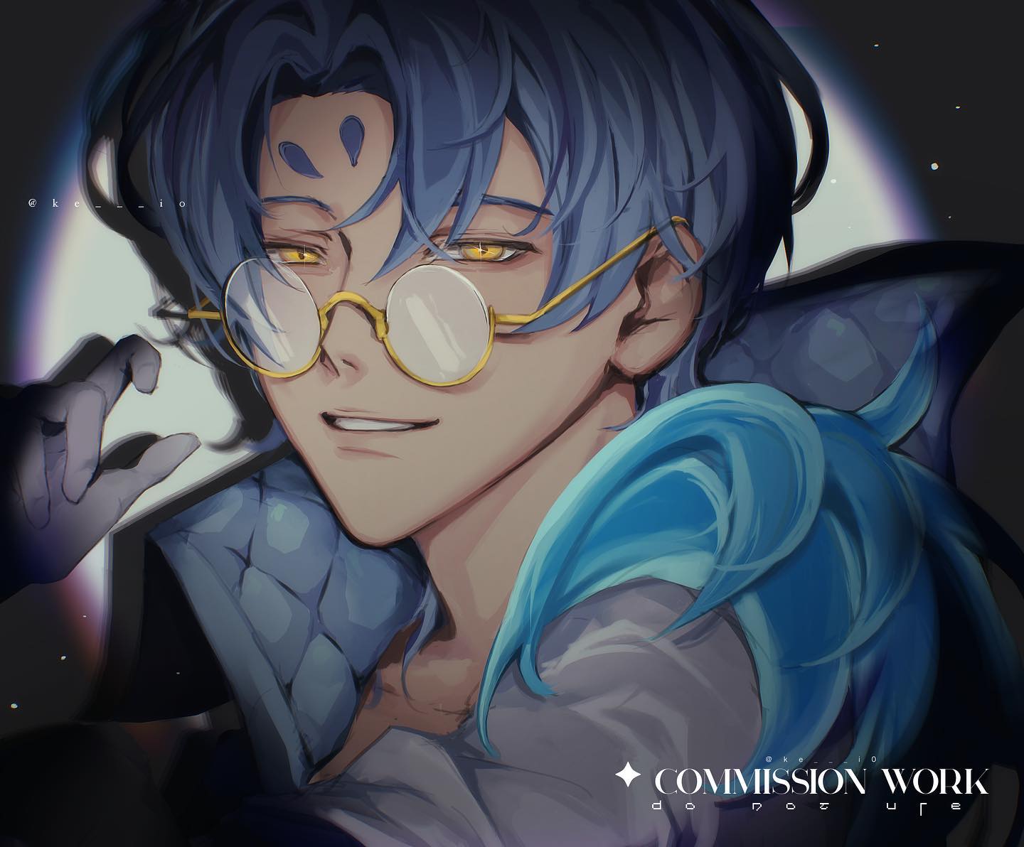 the image showcases a digital illustration of a young man. he has striking blue hair and piercing golden eyes that gaze confidently at the viewer. a playful smirk graces his lips, hinting at a mischievous personality. he sports round, goldrimmed glasses that perch delicately on his nose. his attire consists of a predominantly dark blue and black ensemble with hints of white, contributing to his air of elegance. the background is a deep, starry void, further emphasizing the character's captivating presence. the overall aesthetic suggests a character from the fantasy genre, likely inspired by anime or manga.