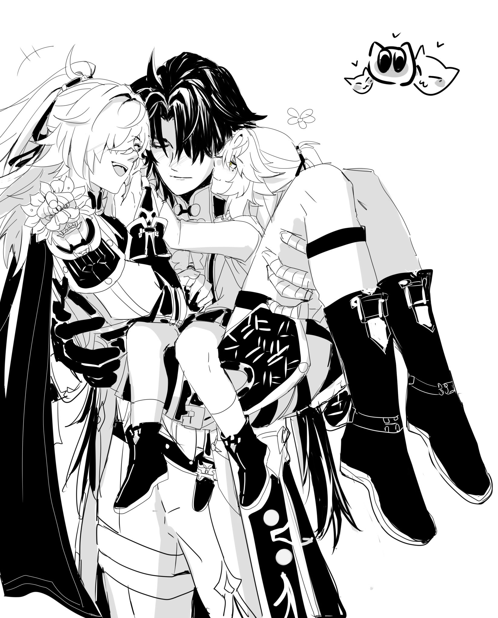 a black and white illustration of a couple embracing. the man is holding the woman in his arms. they are both smiling and appear to be very happy. the woman has long, flowing hair and is wearing a long dress. the man is wearing a coat and has short, spiky hair. they are both looking at each other lovingly. the image has a magical and romantic feel to it. it's a sweet and intimate scene between two people who are deeply in love.