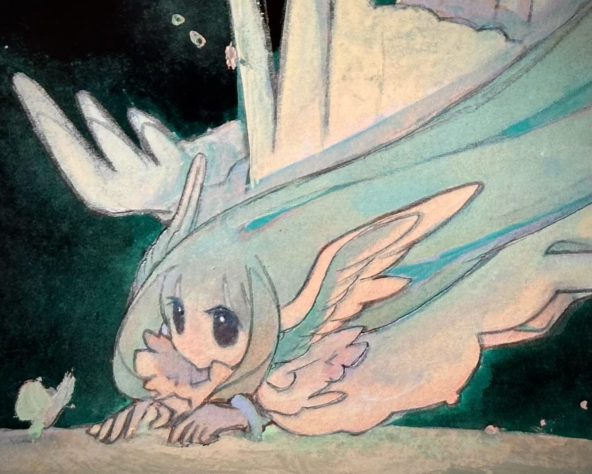 the image is a whimsical painting or illustration of a young girl with large, flowing wings.  she appears ethereal and delicate, with soft pastel colors dominating the palette. her wings are a mix of teal and pale pink, blending seamlessly into a flowing garment that resembles a cape or dress. her expression is gentle and peaceful, her eyes large and expressive. the background is dark, contrasting with the light colors of the figure and emphasizing her ethereal quality. the overall style is reminiscent of fantasy art, possibly with influences from watercolor or pastel techniques.  a small butterflylike creature is visible in the bottom left corner. the artwork conveys a sense of serenity and magic.