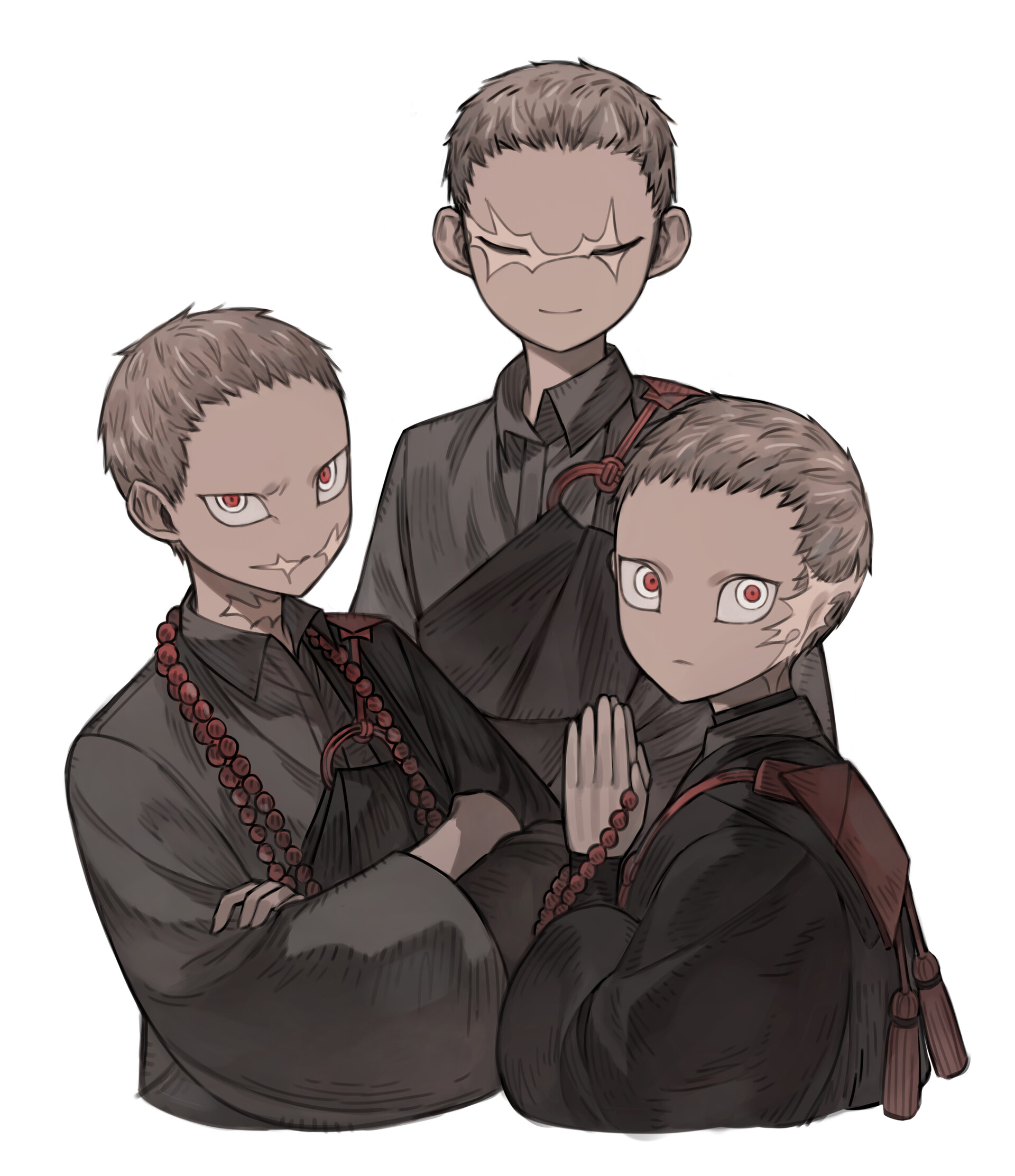 the image shows a stylized portrait of three young boys dressed in monk robes, suggesting a spiritual context. two of the boys bear markings on their faces, possibly scars or tattoos, adding an element of mystery to their characters. they are positioned closely, conveying a sense of brotherhood and shared faith. the overall tone is one of serenity and quiet contemplation.