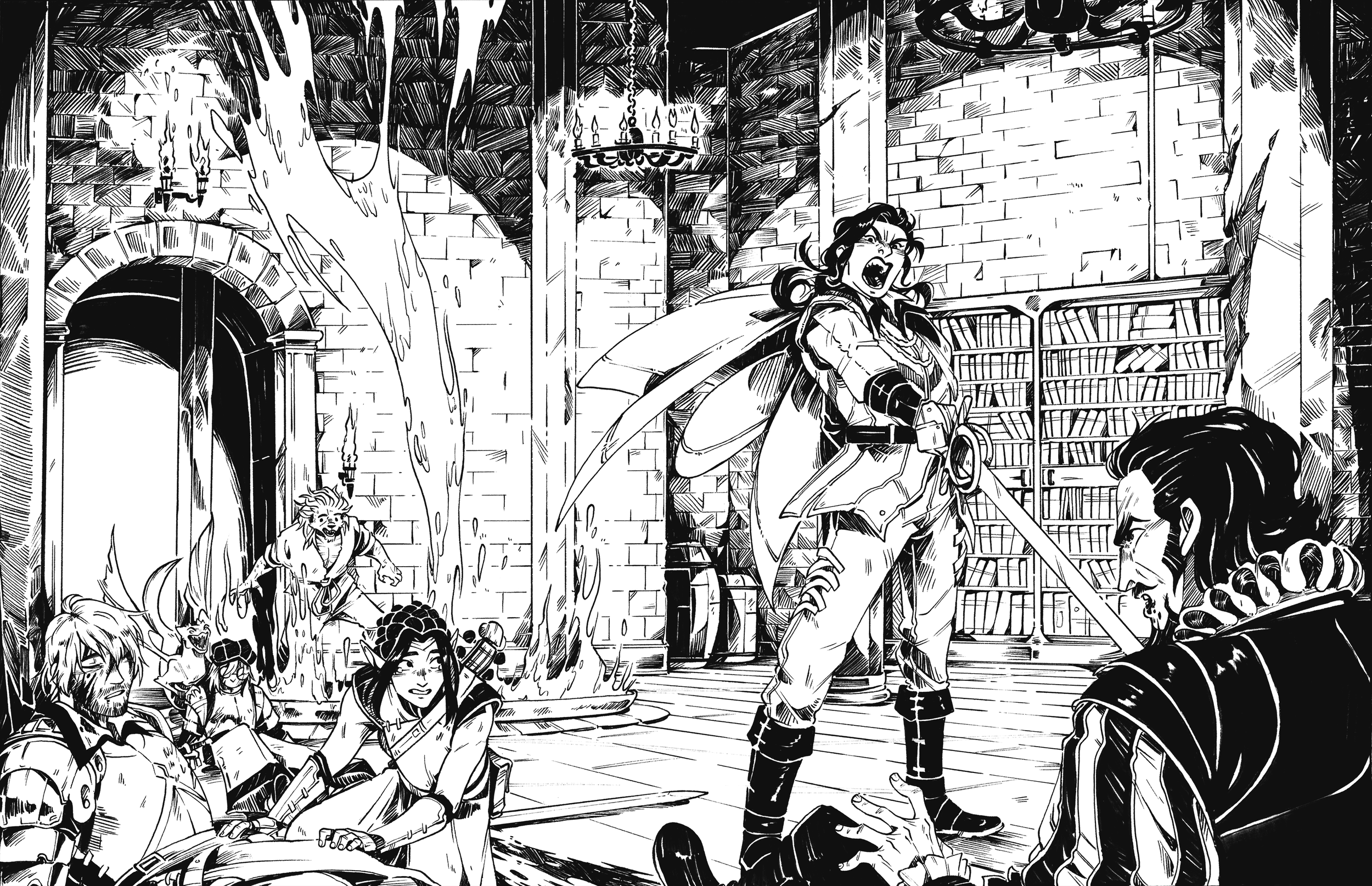 the image is a black and white ink drawing or illustration that appears to be a scene from a fantasy comic or graphic novel. the setting is a medieval castle library, with bookshelves lining the walls.  a fiercelooking female warrior, possibly a knight, stands centrally, sword in hand.  she's in the midst of a dramatic scene, possibly a battle or confrontation. other characters are present, some appearing injured or under attack, suggesting a dynamic, possibly violent, encounter. flames or fire are visible, adding to the intensity of the image. the style is detailed and expressive, characteristic of graphic novel art.