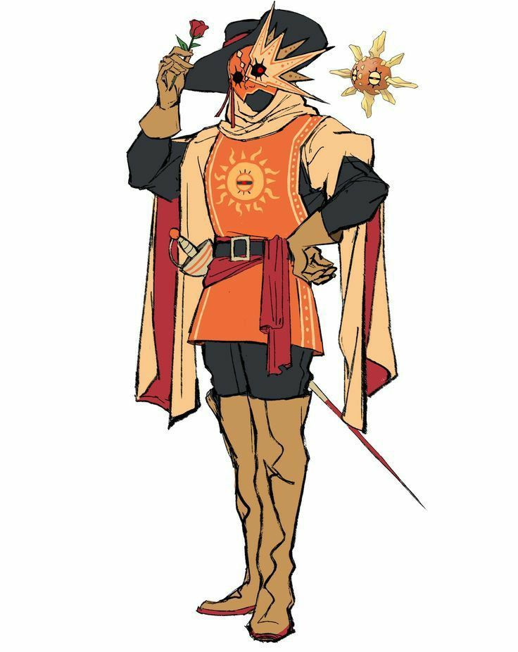 this is a digital illustration of a man character drawn in a cartoon style.  he is wearing a red, orange, and gold sunshaped mask and a matching costume. the man has a red rose in his hand and is holding a sword. he is standing in a heroic pose. he is wearing a long coat or cape that is open in the back. he has long brown boots on.  the character is drawn on a white background.