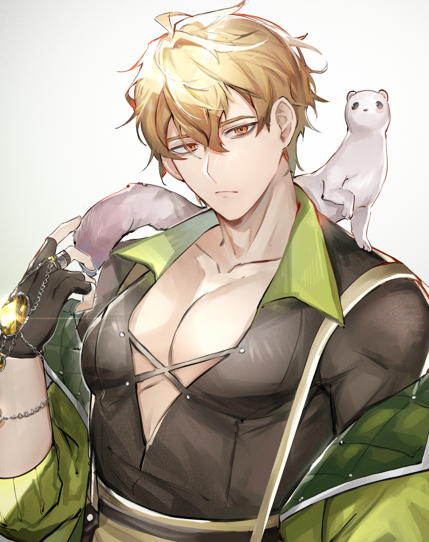 the image is a digital fanart depicting a muscular animestyle male character with blond hair and orange eyes. he's wearing a partially unbuttoned dark top revealing his chest, layered over with a green jacket featuring ornate detailing.  he sports gloves and various pieces of jewelry, including a chain with a pendant and bracelets. a small stoat or weasel is perched on his shoulder.  the character has a somewhat serious or pensive expression. the art style is soft and slightly painterly, with a focus on detailed character design and shading. the background is simple and light, drawing attention to the character.