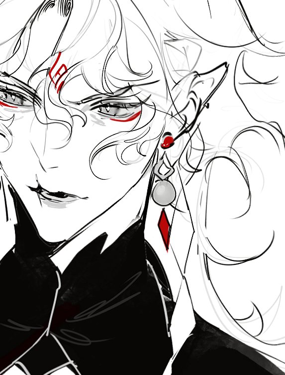 a closeup, black and white line art drawing of an anime character with long white hair, red eyes, and red earrings. they are wearing a black shirt with a large collar and looking directly at the viewer.