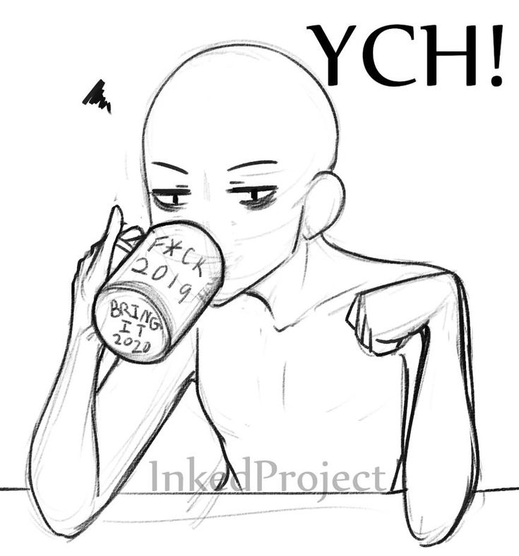 a black and white sketch of a person drinking from a mug. the person is drawn in an anime/manga style and is wearing a casual outfit. the mug has the words "fck 2019 bring it 2020" written on it. the image is titled "ych" and is likely a commission for a drawing or illustration. the artist's signature is visible in the bottom right corner, "inked project".