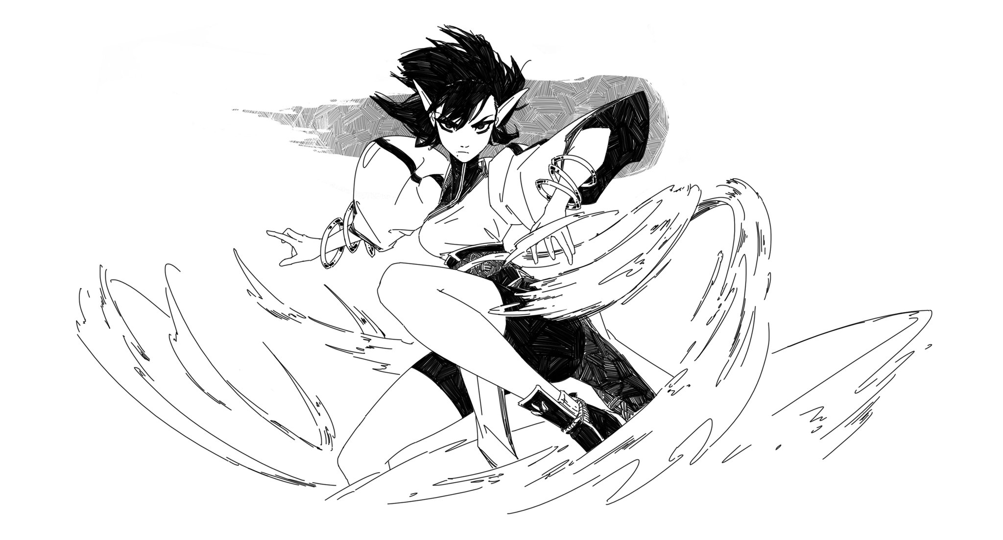 the image is a dynamic black and white drawing of a female elflike character in a powerful pose.  she has dark hair, pointed ears, and is wearing stylized clothing.  her movements are depicted with swirling lines suggesting energy or magical ability. the art style is reminiscent of anime or manga, with bold lines and expressive character design. the background is simple, allowing the figure to be the focus. the overall feel is one of action and mystical power.