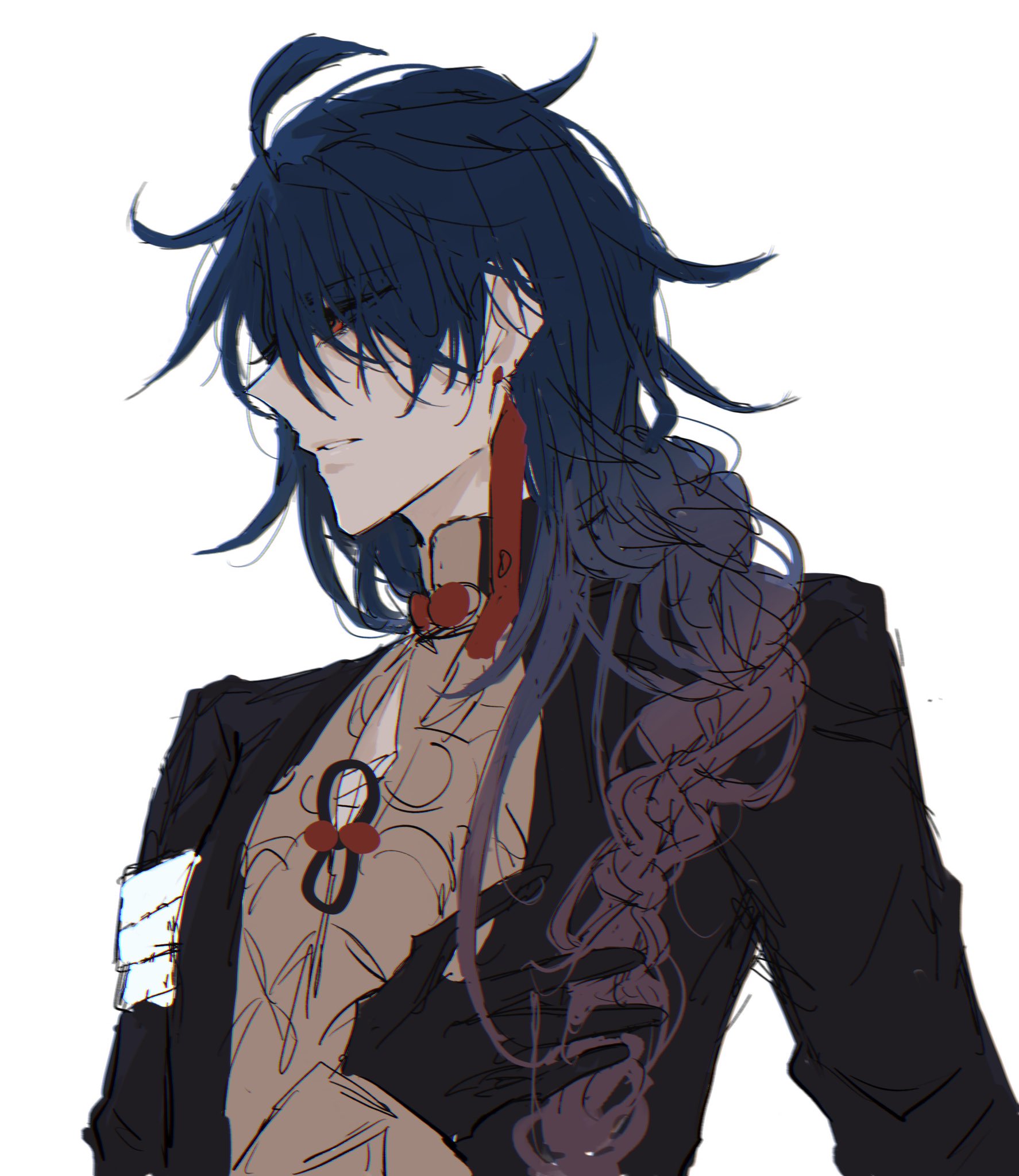 an anime male character with long blue hair, a braid down his back, and red eyes is wearing a black jacket and a red necklace. he is looking to the side with a serious expression. the background is white.