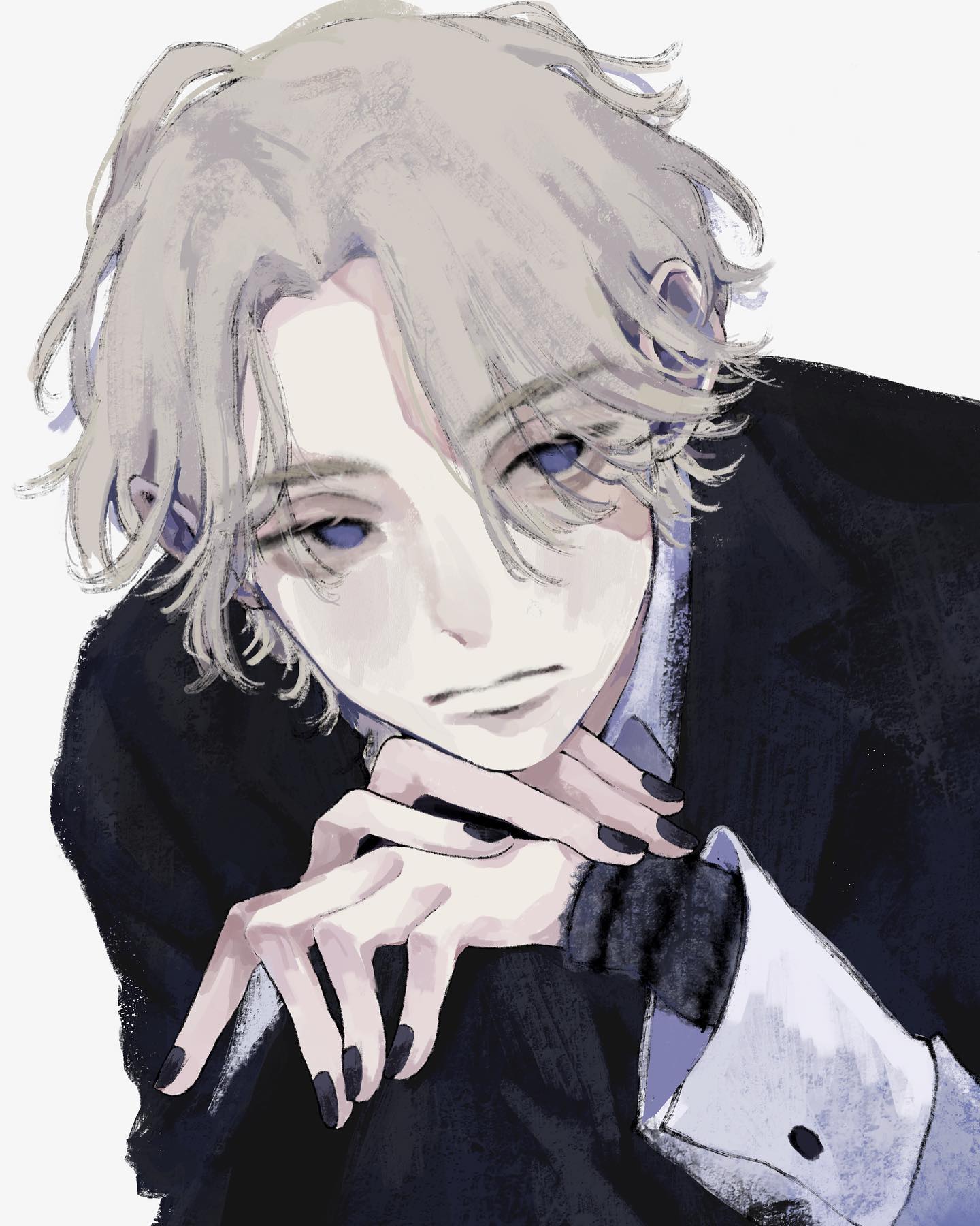 he image is a digital painting or illustration of an animestyle boy. he has pale skin, long, wavy lightcolored hair that is partially covering his face, and is wearing a dark suit with a white collared shirt. his expression is calm and thoughtful. his hands are clasped together in front of his face, with darkcolored nails visible. the art style is soft and somewhat painterly, with visible brushstrokes.  the overall mood is mysterious and elegant.