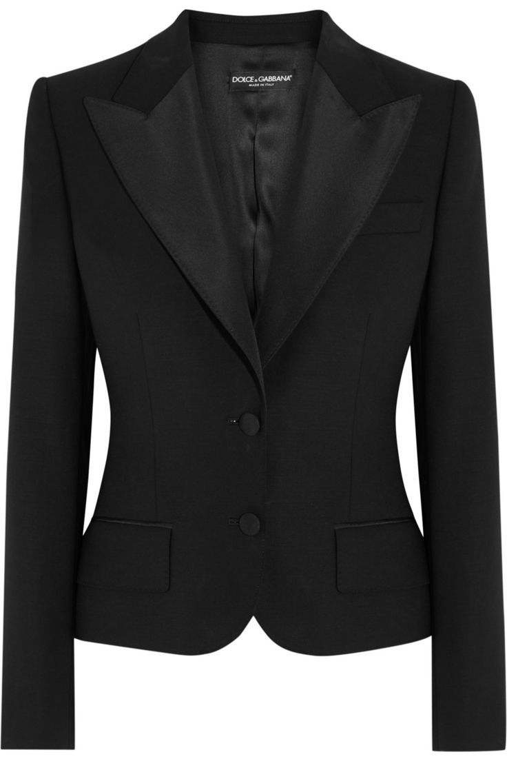 the image shows a black, fitted women's blazer with a satin lapel. the blazer is a twobutton style and appears to be welltailored. the visible label inside indicates that it is a dolce & gabbana garment. the blazer is designed as a formal and elegant piece suitable for professional attire or special occasions.