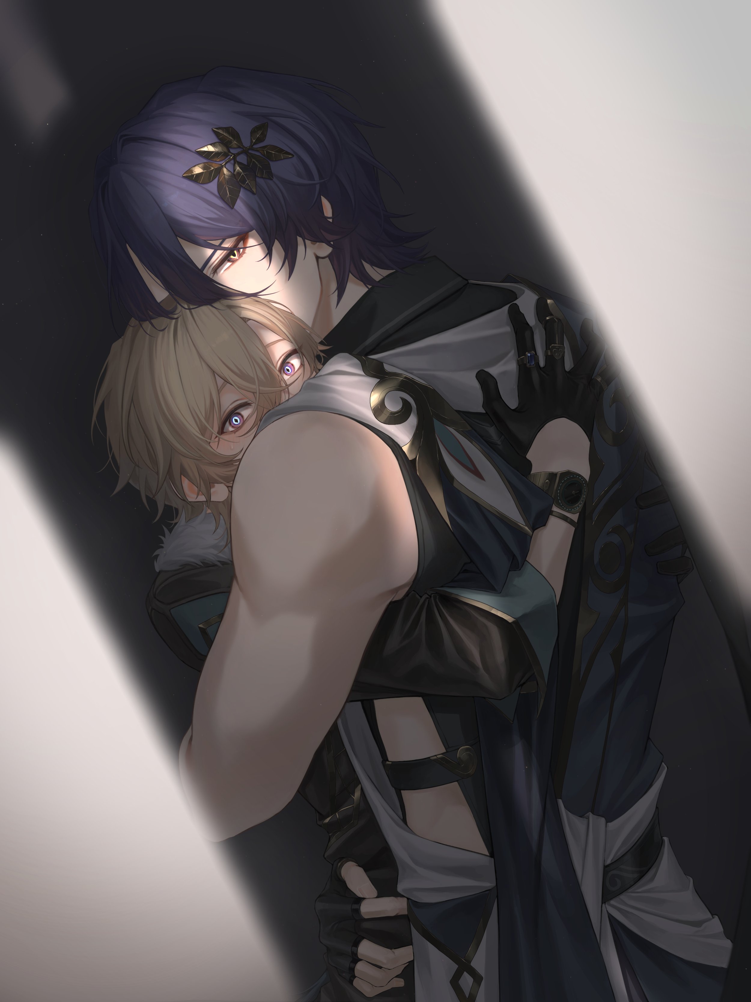 this image depicts a romantic anime couple in an embrace. the male character with purple hair is holding the blonde male character close to him. they are both dressed in stylish outfits, the one in purple has black gloves and black accents on his outfit, while the one in blond is wearing a white shirt and a black leather vest. their pose is intimate and loving, suggesting a strong connection and affection between them.  the image is welllit and has a beautiful, digital art style.