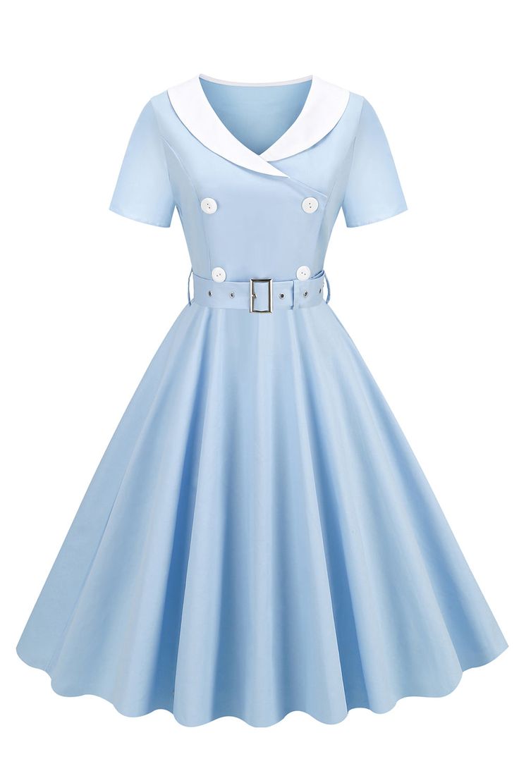 a light blue, vintageinspired dress with a white collar and cuffs is shown against a white background. the dress has a full, aline skirt that falls to midcalf length. it features short sleeves, a vneckline, and a belt that cinches the waist. doublebreasted buttons adorn the bodice, adding a touch of classic charm.