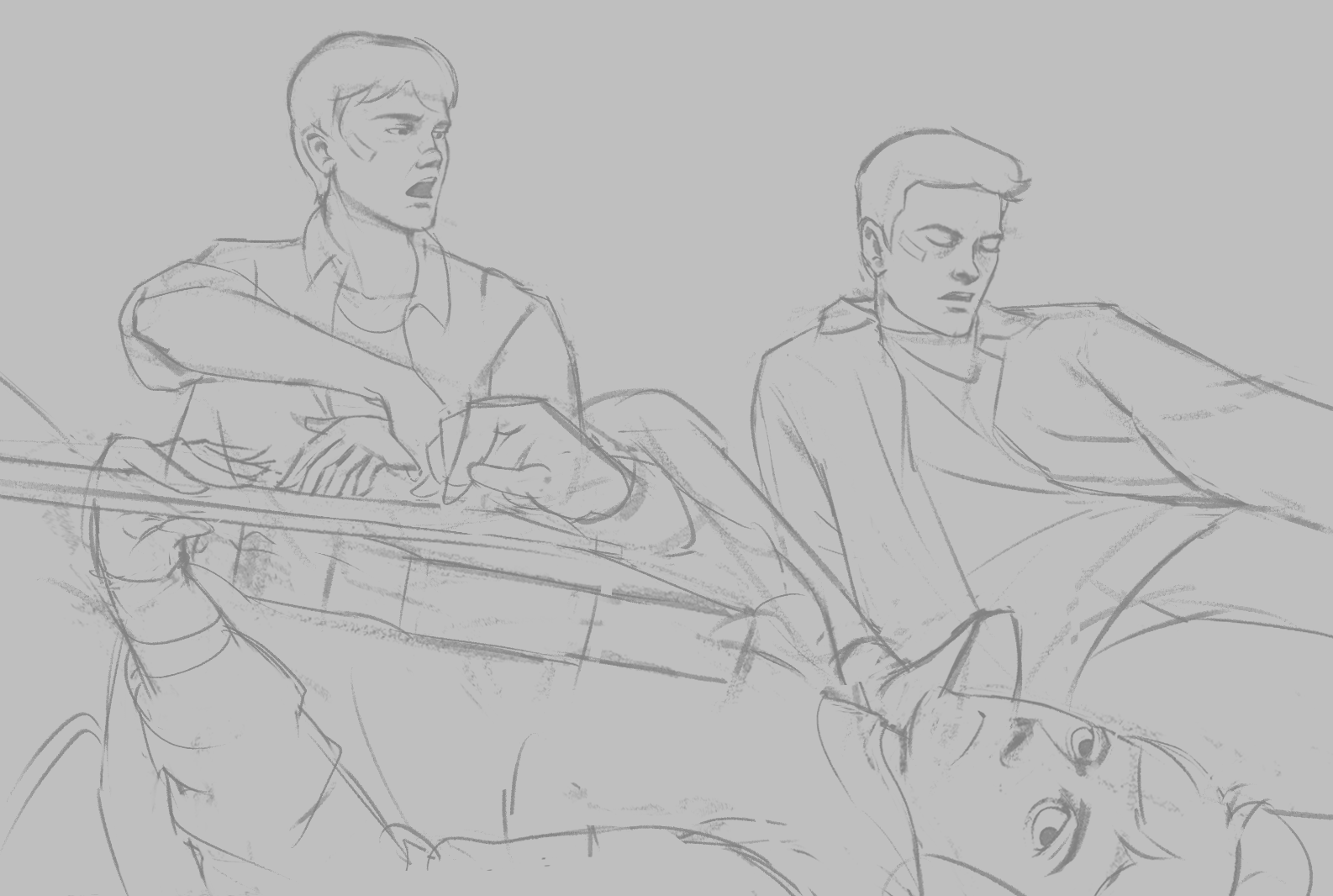 a rough pencil sketch of two young men, possibly friends, sitting casually, one playing the guitar. they are both depicted in a relaxed and informal pose. the drawing is done in a gray, washedout style, suggesting a sense of ambiguity or perhaps even a dreamlike quality.