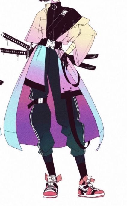 the image shows a digital fashion illustration of a person with a cool and edgy style. they are wearing a long, flowing coat in a gradient of pastel colors, paired with black cargo pants with multiple straps and buckles. they have a black shirt underneath and a black belt with a silver buckle. the outfit is accessorized with sneakers, a choker and gloves. the person is also carrying two katanas on their back.  the drawing style is modern and stylized, with clean lines and bold colors. the background is white.