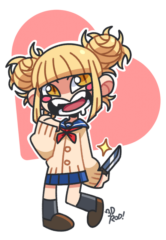a drawing of a chibi anime girl with blond hair and a white sweater with a red bow. she is holding a knife in her right hand and smiling. she is standing on a pink heart background.