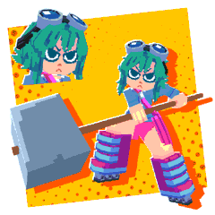 pixel art of a girl with green hair and goggles. she is holding a hammer with a determined and angry expression. there is a closeup of her face also on the image, showing off her scowl.  she has on pink shorts and a light blue shirt. her boots are pink, purple and blue. the background is a yelloworange.