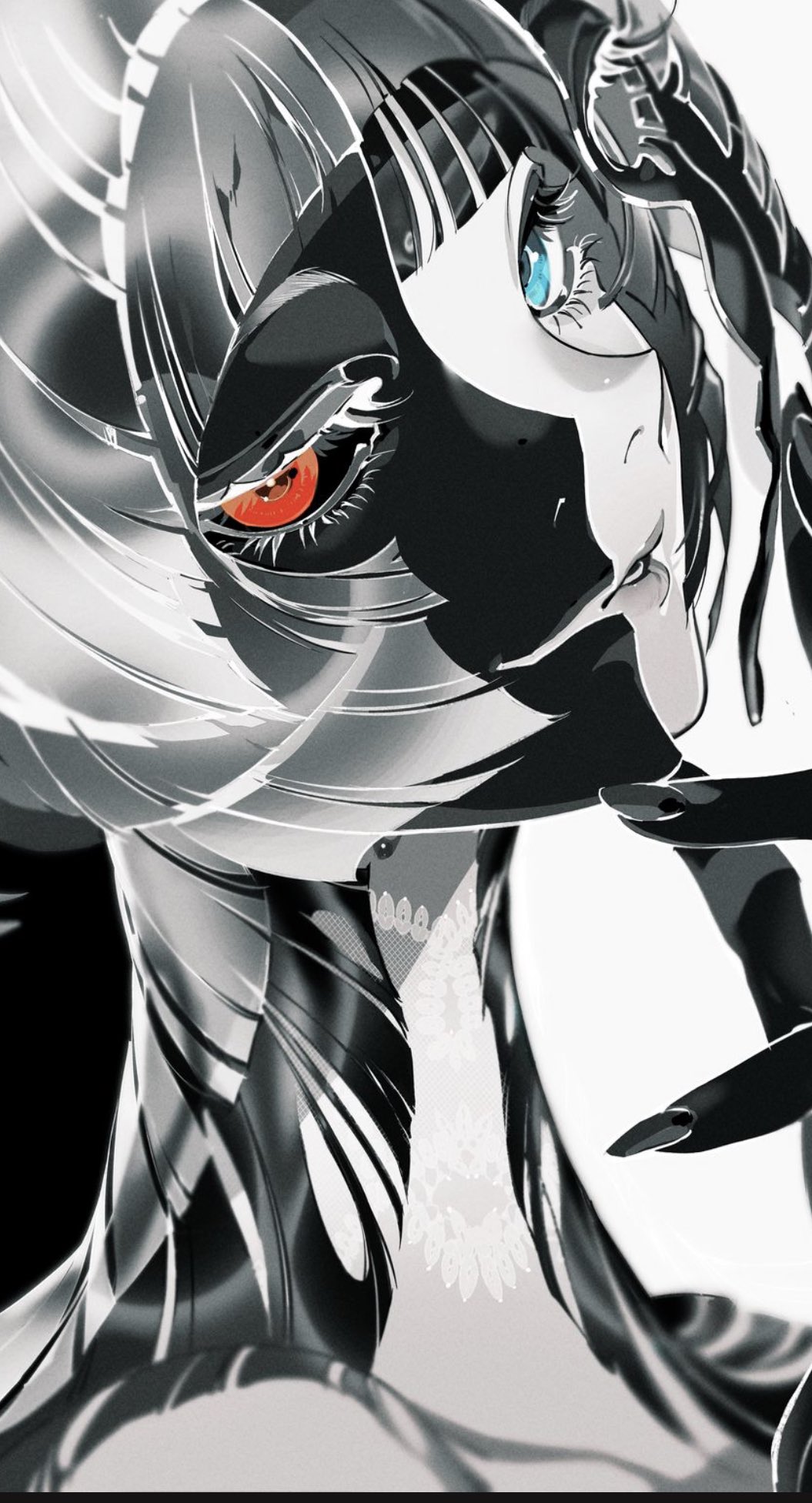 this is an animestyle portrait of a beautiful girl with long black hair and a mask covering most of her face. her right eye is red, and her left eye is blue, creating a striking contrast. the image has a dark and mysterious tone, with the girl's gaze focused intently on the viewer.  the overall style is elegant and mystical.