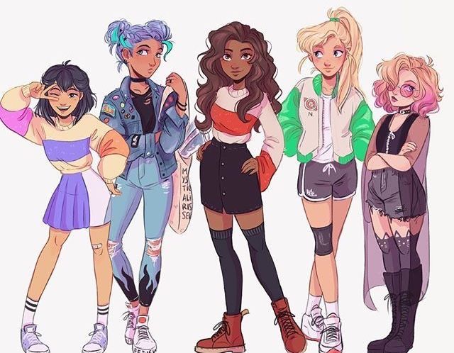 the image is a digital illustration of five anime girls, standing together, smiling and looking at the camera. the girls are all dressed in different styles of clothing. the first girl is wearing a purple and pink sweater, a white skirt, black tights, and white sneakers. she is also wearing a pink headband. the second girl is wearing a blue denim jacket, ripped jeans, black boots, and a black headband. the third girl is wearing a red top, a black skirt, black tights, black boots, and a red headband. the fourth girl is wearing a white jacket, shorts, white knee pads, and white sneakers. she is also wearing a white headband. the fifth girl is wearing a purple shirt, a black skirt, black tights, black boots, and a black headband. she is also wearing a pair of black glasses. the girls are all smiling and looking at the camera. they appear to be best friends and happy to be together. they are all dressed in their individual style, showcasing their personality. the image is colorful and bright, reflecting the youth and fun of the girls. the overall style is modern and trendy, with a focus on the individuality of each girl. the image is visually appealing and wellexecuted.