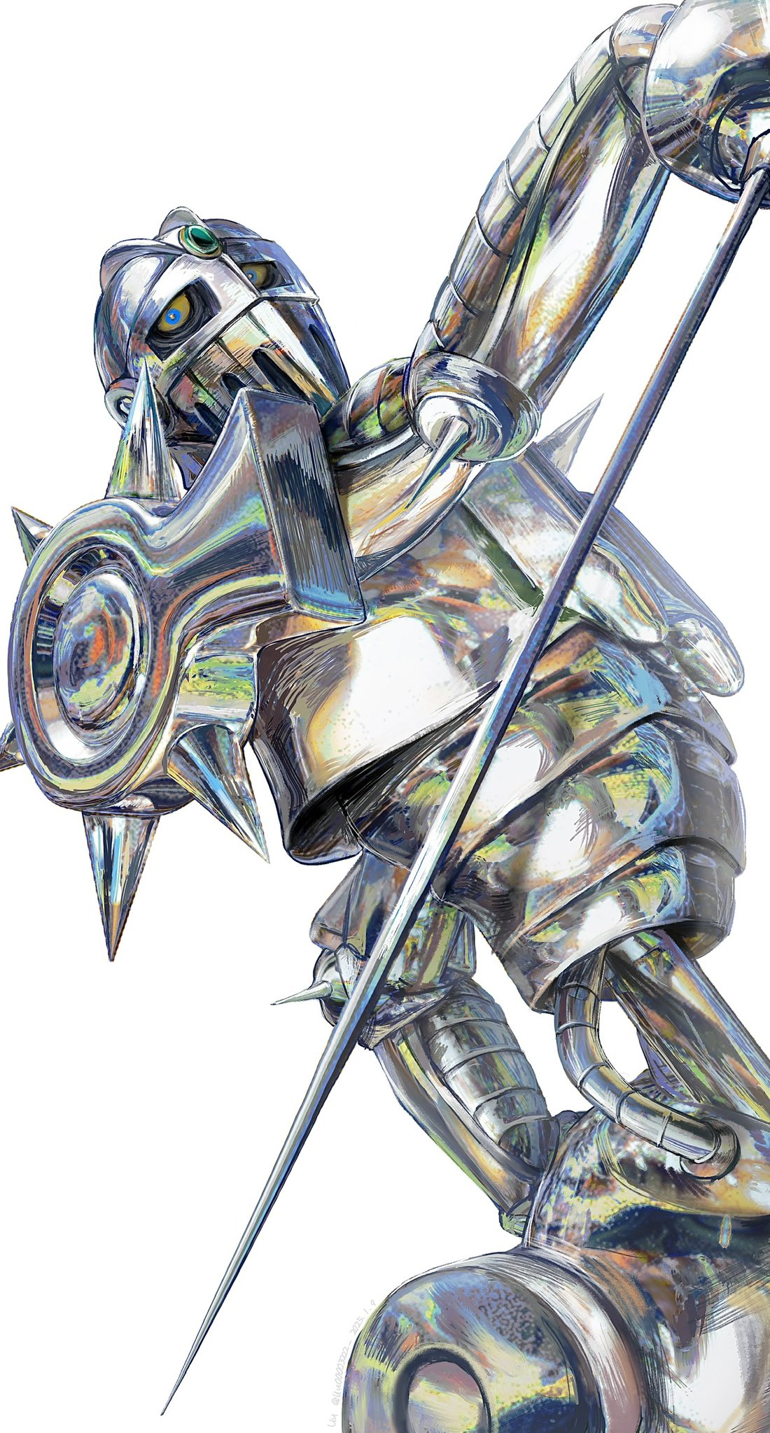 a detailed illustration of a futuristic robot warrior wearing chrome armor, holding a spiked shield and a spear. the robot has a helmet with a visor and a green jewel, and its armor is layered and articulated. the illustration has a vibrant and polished look.