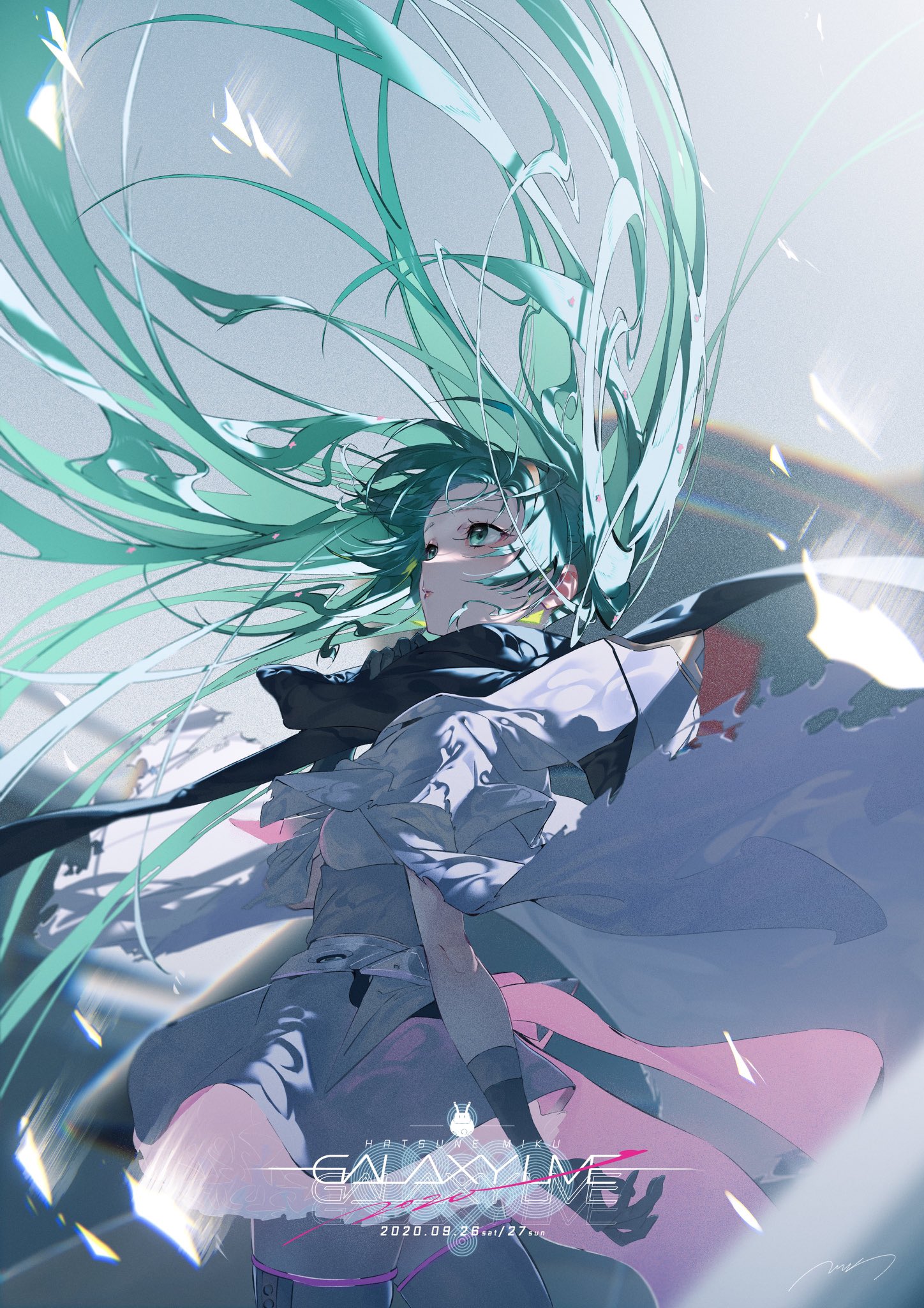 the image is a digital illustration of an anime girl with long green hair floating in the air with the wind. she is wearing a white outfit with a pink sash and a black jacket. the background is a white sky with a galaxy and stars in the distance. the image is titled "galaxy line" and is dated 2020.09.26/27.
