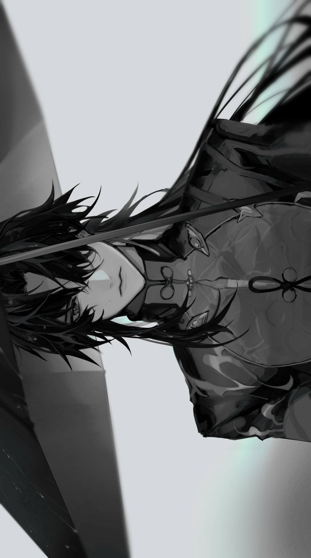 a black and white illustration of an anime character with long dark hair. the character is looking down with a thoughtful expression. the background is a pale grey color.