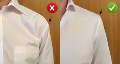 the image shows a man wearing a white dress shirt in two different ways: one incorrect and one correct. the left side (marked with a red x) shows the shirt too tight, with the collar pulling and bunching. the right side (marked with a green checkmark) shows the shirt fitting properly, with a comfortable collar and smooth drape. the background is a light woodpaneled wall, and the lighting is bright and even.