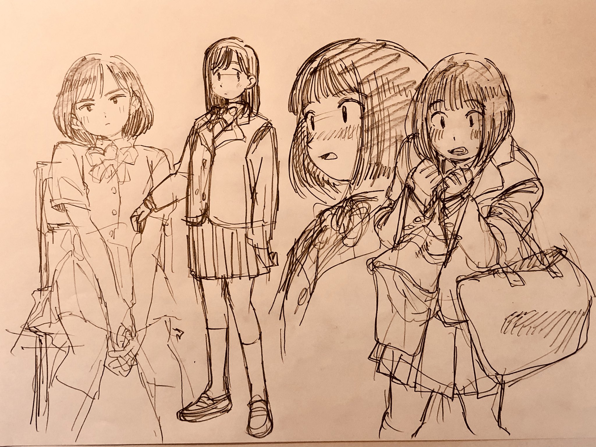 the image is a collection of four pencil sketches of the same female anime character from the waist up in varying poses. she appears to be a young woman or older teenager, likely a student, and wears a typical japanese school uniform with a blazer, skirt, and collared shirt. her hair is short with bangs. each sketch captures a different angle and expression, showcasing the artist's exploration of her features and emotions. the style is characteristic of anime and manga illustration, with a focus on capturing both likeness and personality.