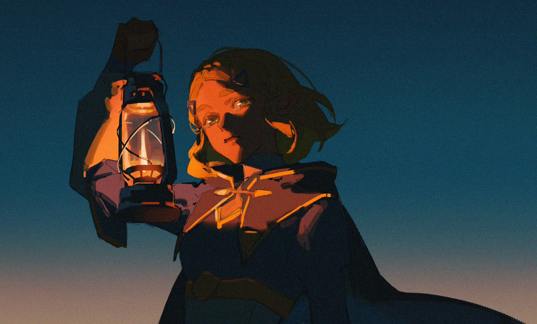 a young woman with short blonde hair and wearing a dark blue hooded cloak stands holding aloft a glowing lantern against a twilight sky.  the low angle and dramatic lighting create a sense of wonder and anticipation.