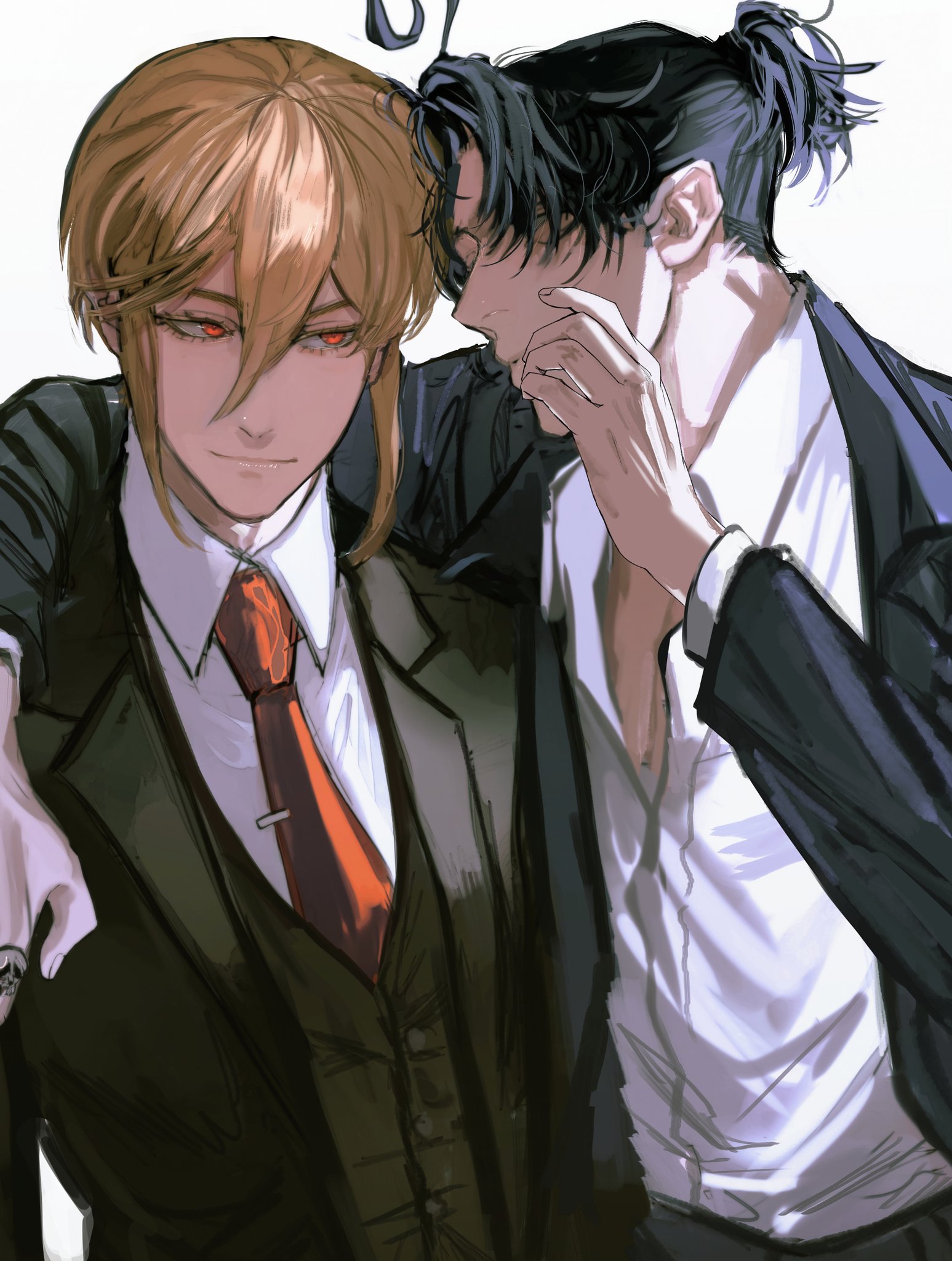 two anime boys in suits are standing next to each other. the boy on the left is wearing a dark suit with a red tie. he has blonde hair and red eyes. the boy on the right is wearing a black suit with a white shirt. he has brown hair and brown eyes. they are looking at each other and seem to be close friends.