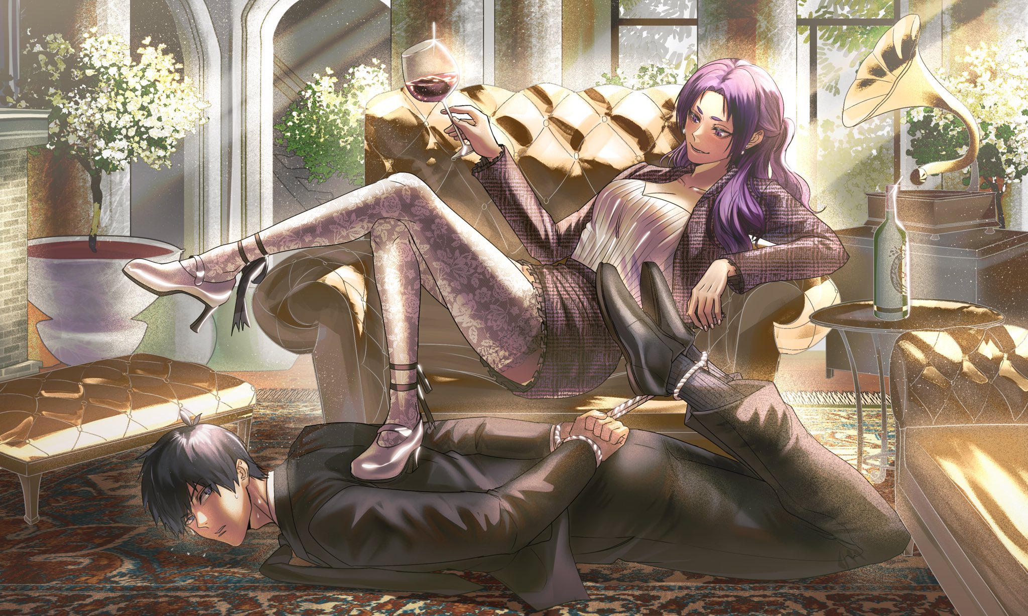 he image is a digital illustration in the style of anime or manga. it depicts a woman with long purple hair sitting on a luxurious gold chair, wearing a stylish outfit and high heels.  she is holding a glass of wine and her legs are resting on a man who is lying on the floor, bound at the wrists. the setting is a lavishly decorated room with gold furniture and a warm, sunlit atmosphere. the overall tone suggests a sensual and playful power dynamic between the woman and man. the artwork is highly detailed and the colors are rich and vibrant.