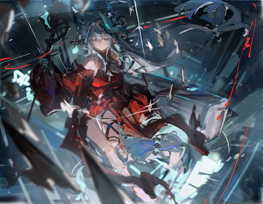 he image is a vibrant digital painting of an animestyle female character. she has long white hair, pale skin, and is wearing a red and white outfit. she is holding a stafflike weapon and appears to be in a dynamic pose, surrounded by futuristic technology and machinery. the style is a blend of fantasy and cyberpunk, with a strong focus on dynamic brushstrokes and abstract elements. the color palette is predominantly red, white, blue, and black, with splashes of other colors creating a visually striking effect. the background suggests a futuristic cityscape or spaceship interior. the overall mood is mysterious and energetic.