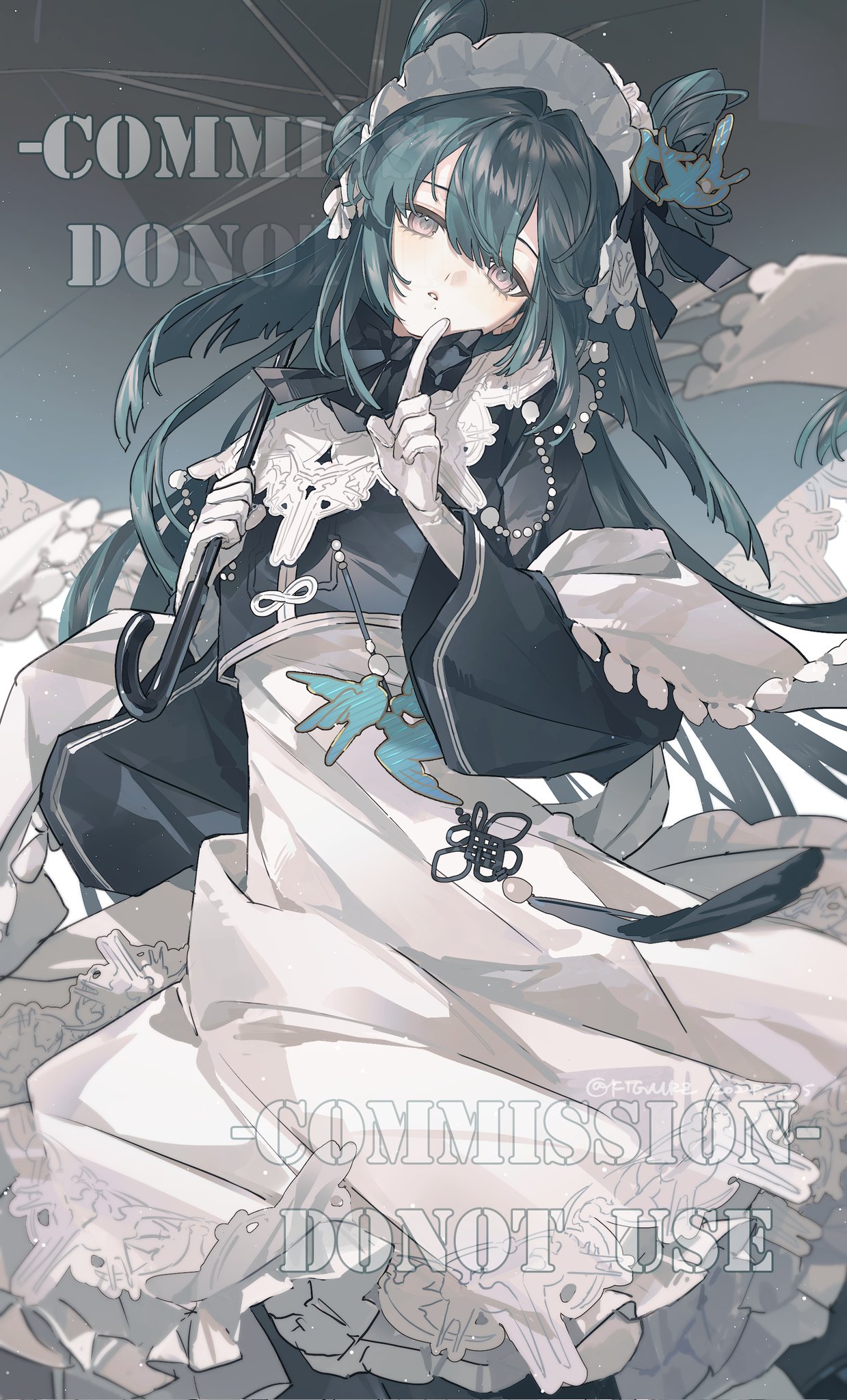 a digitally drawn anime girl with blue hair, big eyes, and wearing a monochrome maid outfit with white gloves and a headdress. she's holding an umbrella and has her finger to her lips. the background and foreground are partially covered by the text "commission do not use."