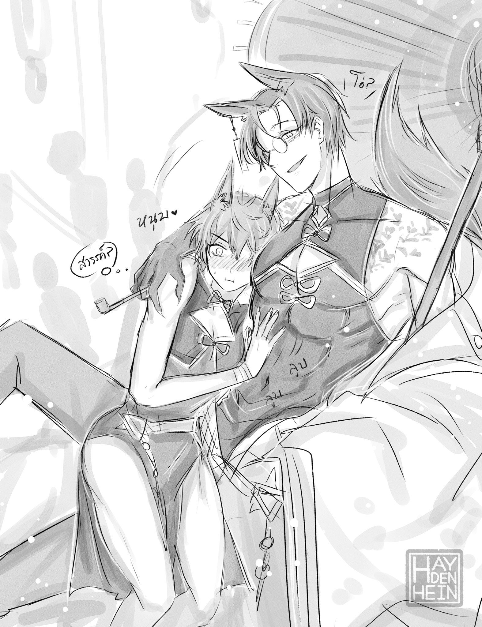 this is a black and white drawing of two anime characters, a male and female, sitting together in an embrace. the male character is wearing a black and white outfit with a cat tail and has an expression of happiness on his face. the female character is wearing a white dress and has an expression of shyness on her face. the male character is hugging the female character from behind. there is a large umbrella above them and the drawing style is very simple. the drawing appears to be a rough sketch.