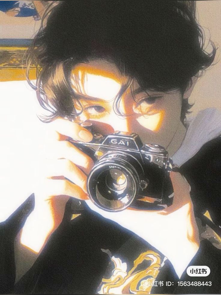 the image is a stylized digital painting or illustration of a young man with dark, slightly wavy hair. he's holding a vintagestyle gai camera up to his face, partially obscuring his features. the lighting is dramatic, with sunlight highlighting his hair and skin, creating a warm, golden glow.  he's wearing a dark, possibly patterned jacket. the overall style is reminiscent of anime or manga, with a focus on mood and atmosphere.  a watermark is present in the bottom right corner.