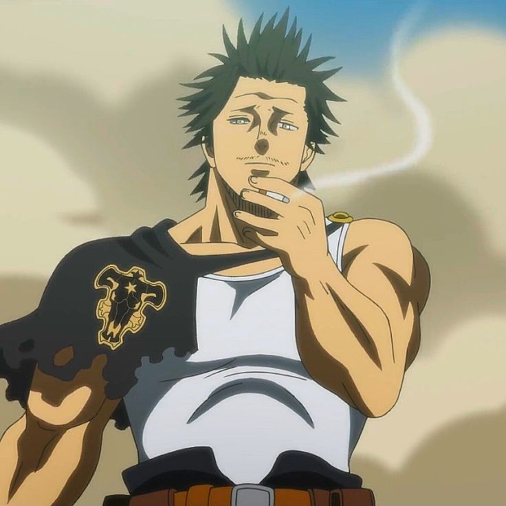this image shows a character from the anime "black clover" named yami sukehiro. he is the captain of the black bulls squad. he has a dark complexion and wears a sleeveless white shirt, black pants, and a black cape with the black bulls symbol on it. yami is muscular and has a serious expression. he is holding a cigarette in his mouth and looking away to the right. he is surrounded by a smoky background, which is possibly created by the smoke coming from his cigarette.  the image suggests that yami is a powerful and intimidating character.