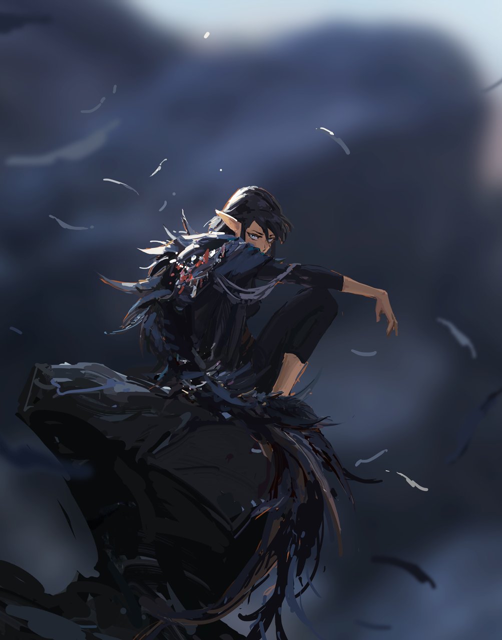 the digital painting showcases a female character, possibly elven, with dark, flowing hair and black attire. she appears to be partially merged or connected with a dark, feathered creature or cloak that resembles a raven or similar beast,  giving a sense of mystical power or transformation. the character is positioned in a dynamic pose, suggesting movement or action. her expression is partially hidden, adding to the air of mystery. the background is a blurry, dark bluegrey, with floating white feathers that enhance the sense of movement and drama. the overall mood is dark, mysterious, and somewhat melancholic, creating a powerful and atmospheric visual. the artistic style leans towards painterly, with visible brushstrokes that add texture and depth.