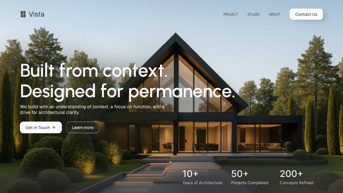 the image is a website landing page for an architecture firm named "vista". the page features a modern house design, lush landscaping, and a tagline highlighting their focus on context and permanence. the navigation bar includes links to projects, studio, and about pages, as well as a "contact us" button. the main content includes a brief description of their approach and calltoaction buttons. below, statistics about their experience and accomplishments are listed.