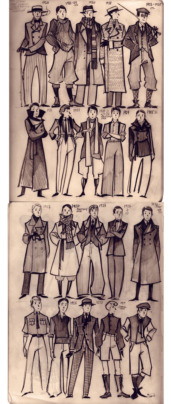 this is a vintage black and white illustration depicting a series of fashionable men and women in various clothing styles. the men are all wearing suits and hats, while the women are wearing dresses or skirts. the illustration appears to be from the 1920s. the characters are drawn in a stylish, classic manner. they seem to be posing for the camera in a studio setting. the image is drawn in a timeless, elegant style.