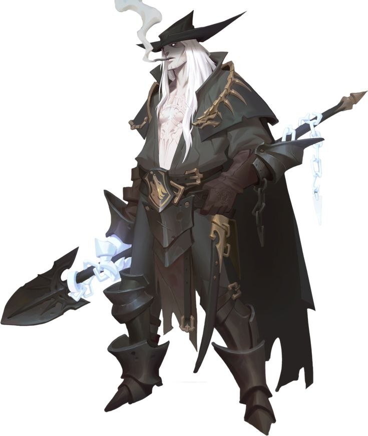a digital illustration of a vampire man. he is wearing a black hat, a black coat with a cape, and black armor. he is carrying a spear and has a chain wrapped around it. he is smoking a cigarette and his white hair is flowing in the wind.
