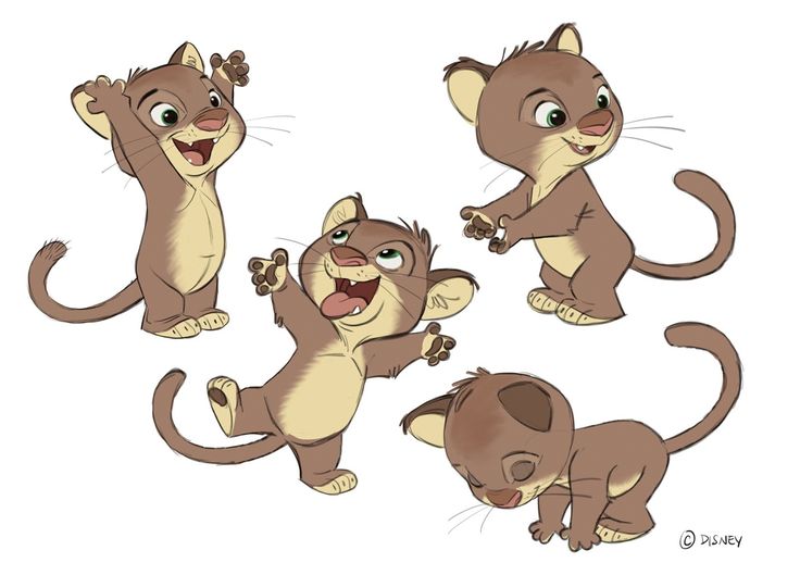 the image contains cartoon drawings of a lion cub in four different playful poses. the cub is primarily brown and beige with a long tail and paws. one pose shows the cub standing with its arms raised in the air and a happy expression. another pose shows the cub with its tongue sticking out and arms outstretched. a third pose depicts the cub standing with its paws slightly raised and a curious expression. the final pose shows the cub crouching down as if it's licking something. the drawings have a disneystyle animation aesthetic. the disney copyright mark is at the bottom right.