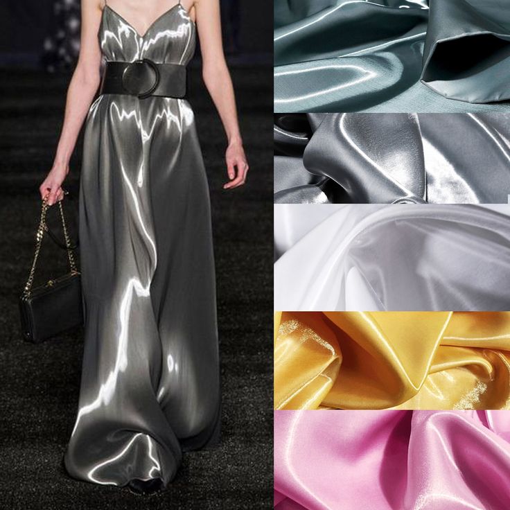 the image shows a woman wearing a silver satin maxi dress on a runway, with a thick black belt around her waist and a black purse hanging from her arm. next to the model are fabric swatches in various colors of satin: blue, silver, white, gold, and pink.
