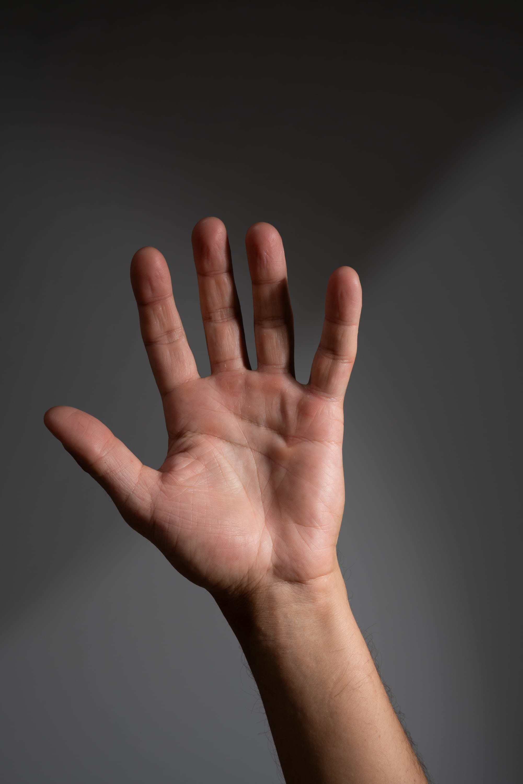 the image shows a human hand extended upward, illuminated by hard light against a dark grey background. the light creates a stark contrast, highlighting the texture and details of the skin and emphasizing the threedimensional form of the hand. the fingers are slightly spread apart, creating a sense of openness and vulnerability. the overall mood of the image is one of drama and intensity.