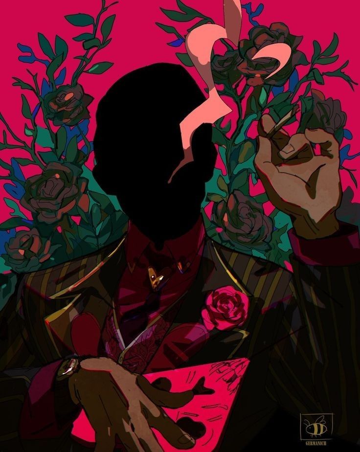 the image is a digital illustration in a dark, stylized art style. it depicts a character, whose face is obscured by shadow, dressed in a formal dark suit with gold accents. the character is holding playing cards and smoking a cigarette. they are surrounded by dark red roses and lush foliage. the overall atmosphere is mysterious and dramatic, with a strong use of contrast and color. the style blends elements of art nouveau with a contemporary dark art aesthetic.  the artist's signature "germanarch" is visible in the bottom right corner.