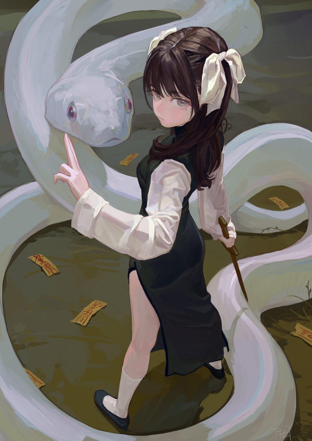 a young animestyle girl with dark hair and white ribbons is standing in a swamp with a large white snake. she is wearing a black dress with white sleeves and is holding a magic staff. there are scattered talismans on the swamp ground. the image has a fantasy and asian theme.