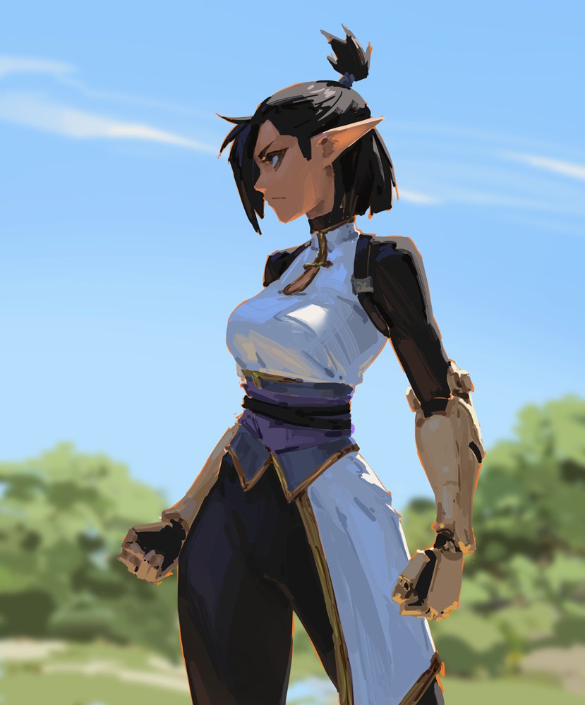 the image is a digital painting of a female elf character. she has short, dark hair styled in a topknot, pointed ears, and is wearing a stylish outfit that blends fantasy and martial arts elements. the outfit includes a white top, dark pants, a purple sash, and golden arm guards. her expression is serious and determined.  she stands in a field, possibly a training ground, with trees and a clear blue sky in the background. the art style is painterly, loose, and dynamic.  the overall tone suggests strength, readiness, and a hint of fantasy.
