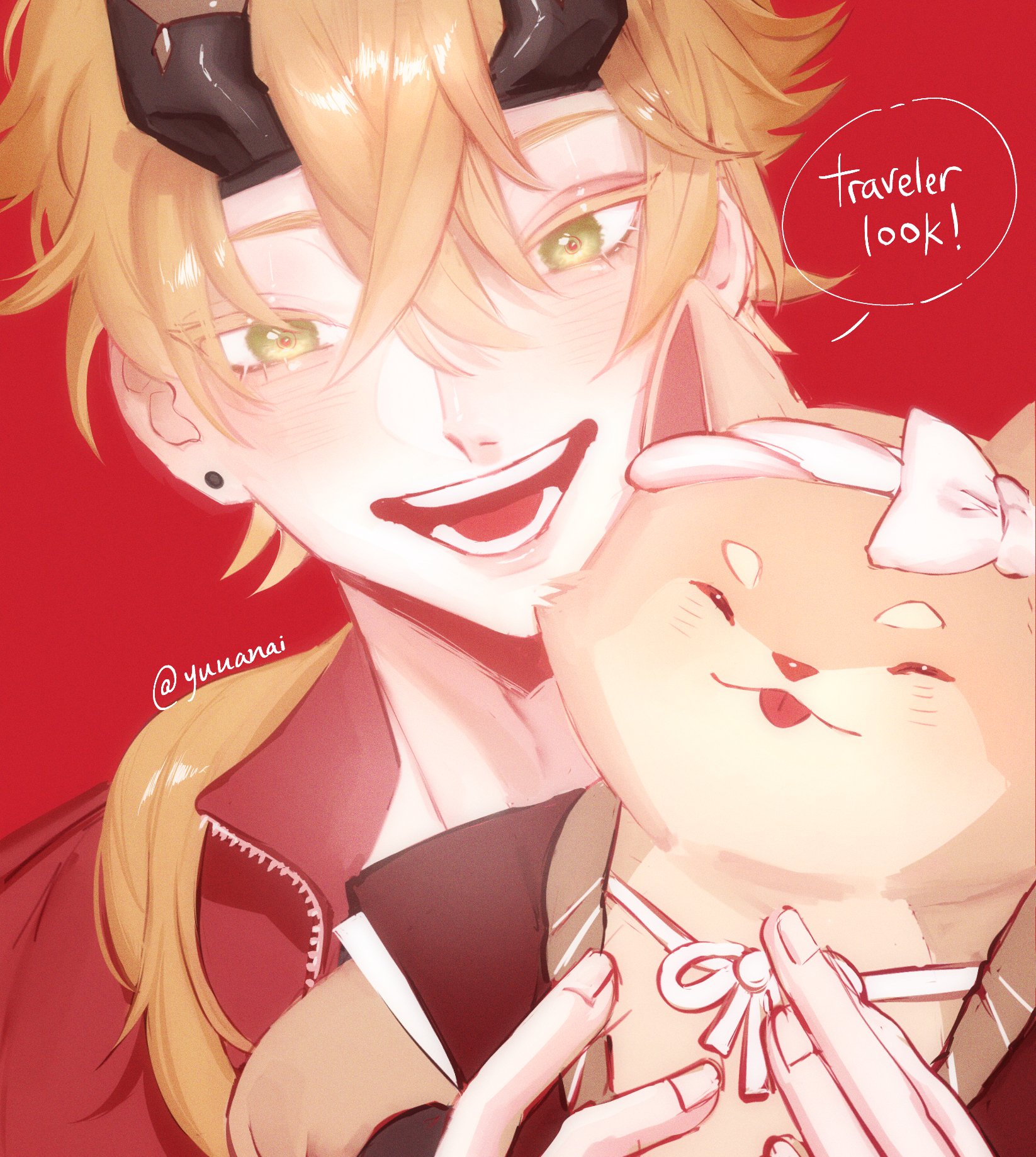 this is an anime illustration of a blondehaired male character with red eyes smiling brightly as he holds a small, white and pink dog with a bowtie collar. the character is wearing a red jacket and the background is red as well. there's a speech bubble above the character's head that says "traveler look!". the artwork has a cute and happy vibe.