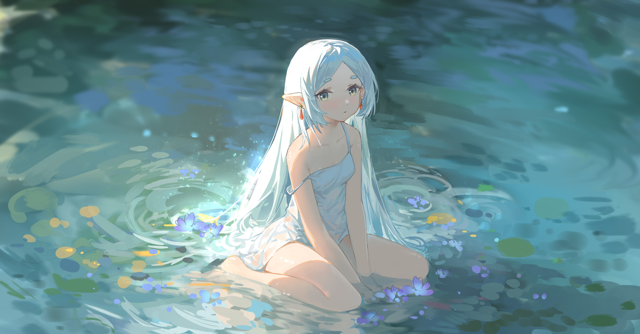 he image shows an animestyle illustration of a young elf girl with long white hair. she's sitting in a calm body of water, possibly a pond or lake, which is depicted in shades of teal and blue.  she is wearing a pale, almost white, sleeveless dress.  small purple flowers are scattered around her in the water. the overall style is soft and dreamy with a focus on light and color. the background is slightly blurred, emphasizing the girl as the focal point. the lighting suggests a sunny day.