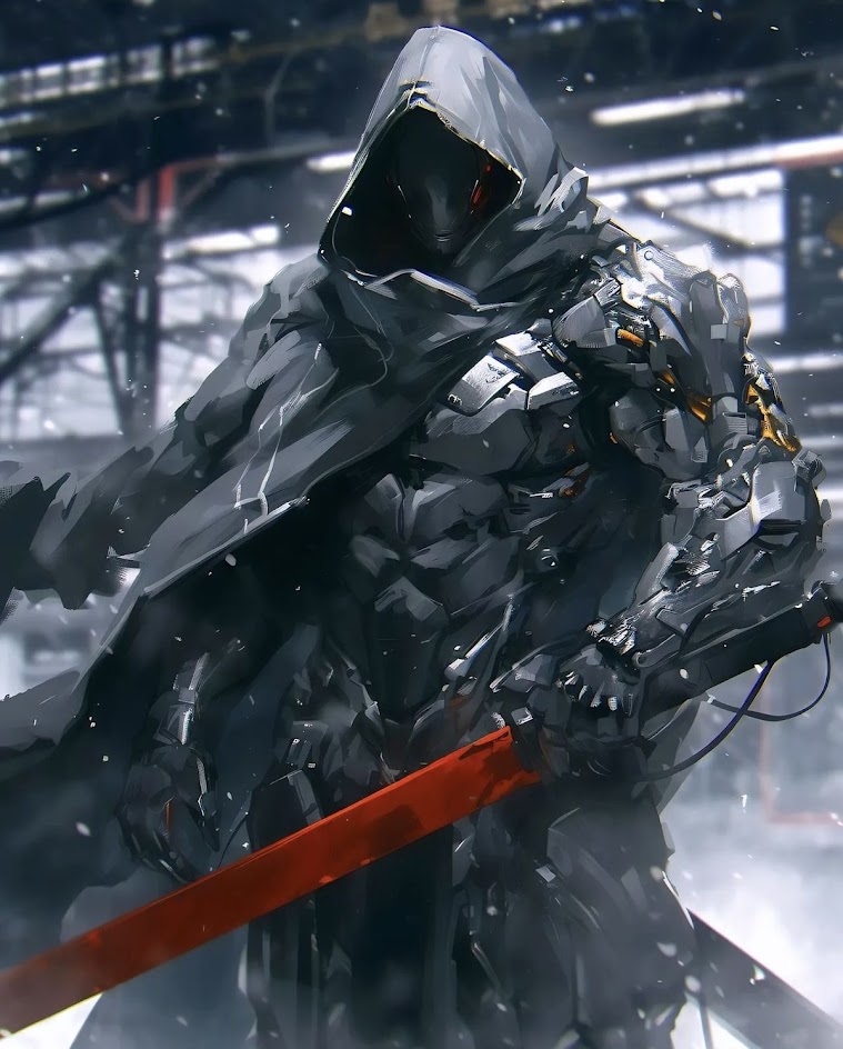 a futuristic robot warrior wearing a dark cloak and holding a katana. the robot is standing in a dimly lit environment, and its metallic armor is heavily damaged. the warrior is looking determined and ready for battle.  the image is stylized and detailed, with a strong sense of atmosphere and mood. the lighting is dramatic, and the colors are muted.
