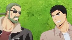 two anime men stand outside in front of a grassy field. the man on the left is older and has grey hair and a beard. he is wearing sunglasses and a black leather jacket. the man on the right is younger with short black hair. he is wearing a tan buttonup shirt. both men are smiling.