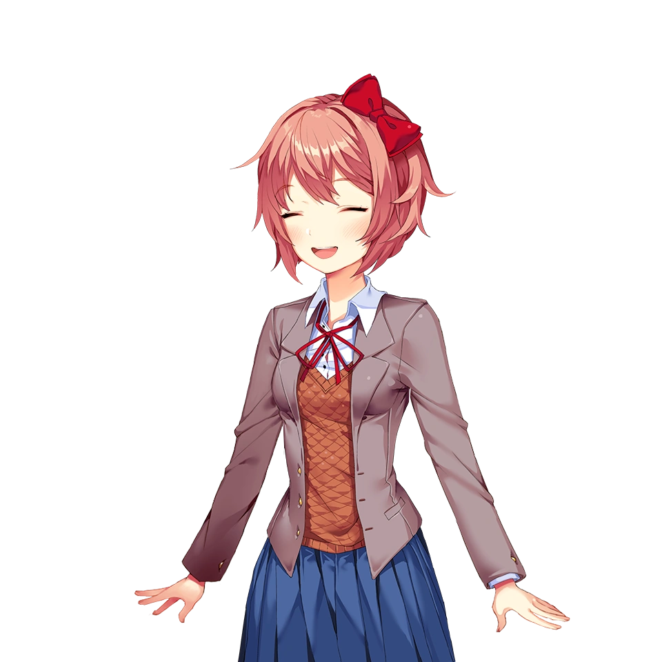 a happy anime girl with pink hair and a red bow is wearing a gray blazer and a blue skirt. she is smiling and looking at the viewer. she is holding her arms out to the sides, as if she is inviting someone to join her. the background is black.