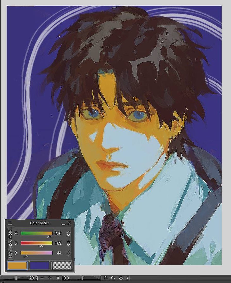 the image is a digital painting of a young man's portrait. the style is reminiscent of anime or manga, but with a highly stylized and abstract approach to color and form. the colors are vibrant and bold, using a palette of blues, yellows, oranges, and teals. the background is a swirling abstract pattern in shades of purple and white. the man's expression is serious and somewhat pensive.  the image also shows a color slider from digital art software, indicating that this is a workinprogress. the style is painterly, with visible brushstrokes and texture, giving it a somewhat impressionistic quality.